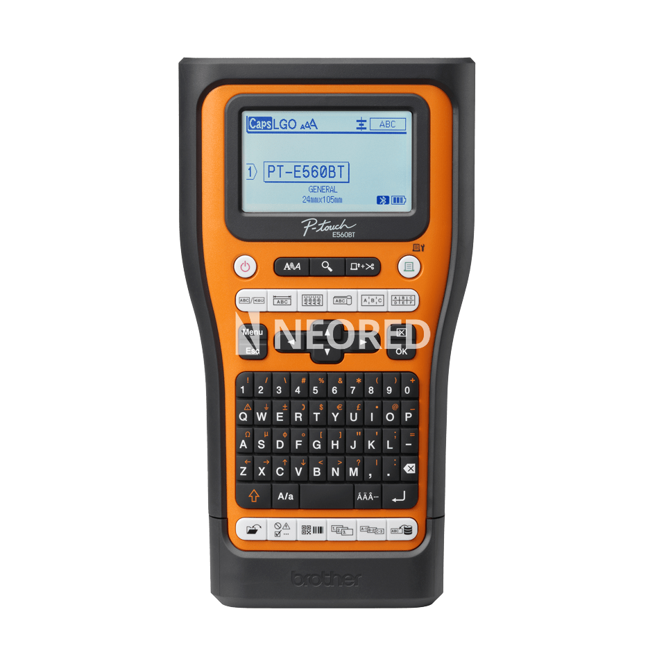 ROTULADORA DUAL DE CINTA `LAMINADA` Imprime 7 líneas de texto. (insumos:`TZe`, `HSe` y `HGe` de 6-9-12-18-24mm) Resolución: 180 dpi Cortador: Automático. Realiza corte y medio corte. Código de barras y QR. Incluye: Maletín de transporte, batería y cable USB. SOPORTA TERMOCONTRAIBLE. PLACA BLUETOOTH. 