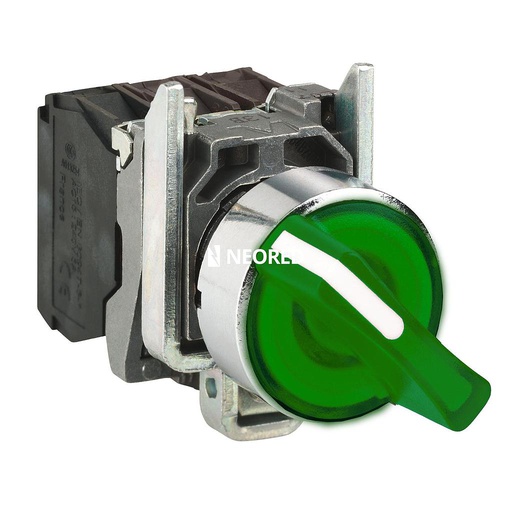 [SCHXB4BK123B5] Selectora lumin 2 Posiciones Fijas con retención, metálica, 1NA+1NC, Led 24VAC/VDC, Verde