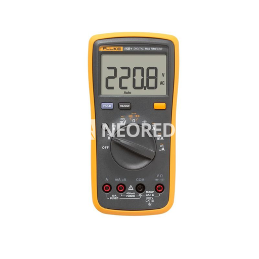 [VDTFLUKE-15B+ ESP] Multímetro digital básico con Backlight. Medición de tensión AC/DC 1000 V, corriente AC/DC 10 A, resistencia, continuidad y capacidad. Protección CAT III 600 V. Incluye: juego de puntas de prueba TL75, 2 pilas AA y manual de uso.ES COMBINABLE CON FLUKE-17B+, FLUKE-106 y/o FLUKE-107